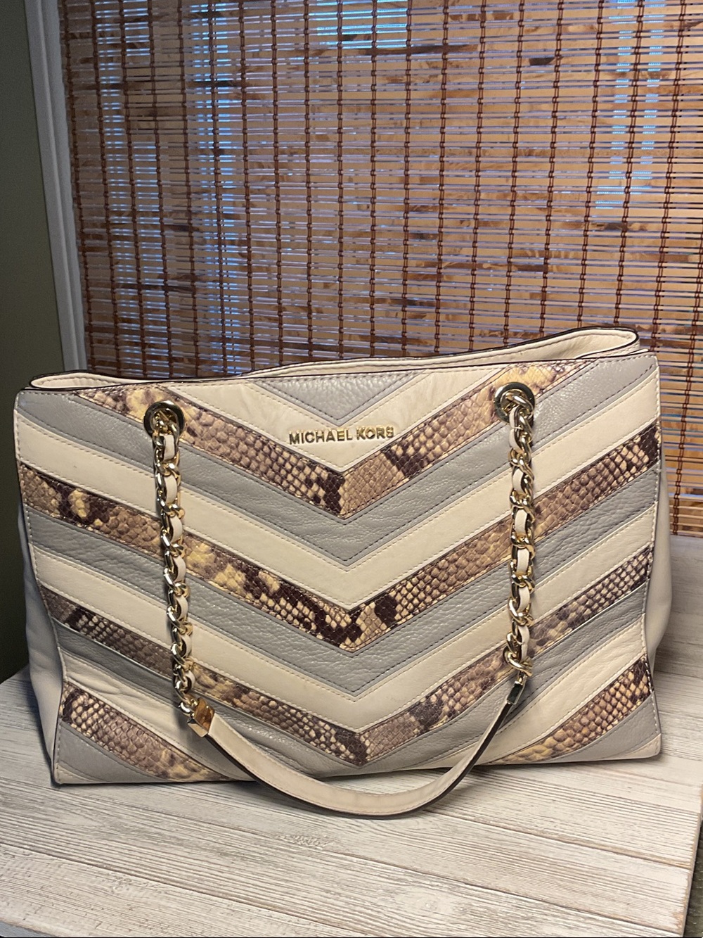 Michael Kors Susannah Medium Embossed Snake Ecru Natural Leather Tote purse